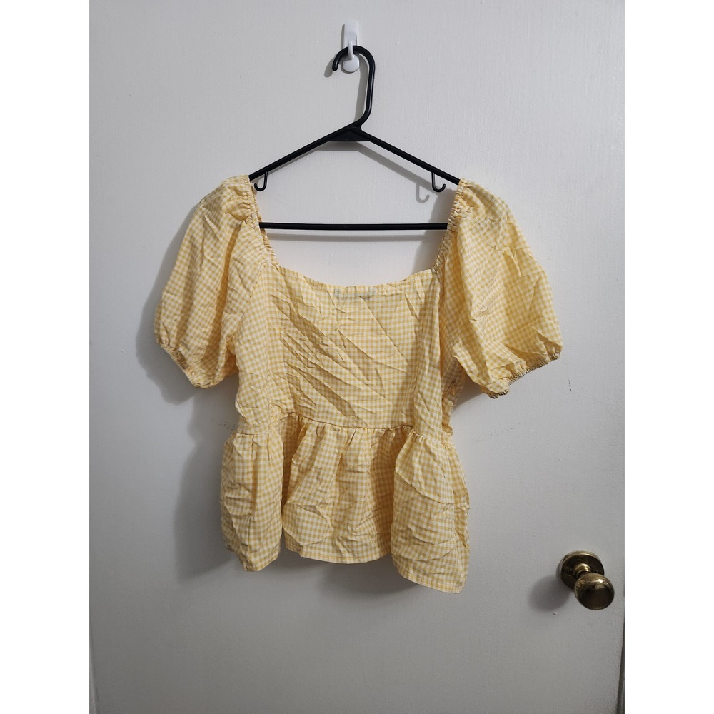 SHEIN Yellow Gingham Puff Sleeve Peplum Top Square Neck Cottagecore Blouse M